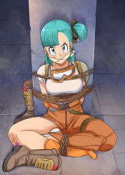 Rule 34 | 1girl, absurdres, arms behind back, bdsm, blush, bondage, bound, bound ankles, breasts, bulma, cleave gag, cloth gag, dragon ball, gag, gagged, goggles, goggles around neck, hair ribbon, highres, improvised gag, legs, lost one zero, medium breasts, ribbon, rope