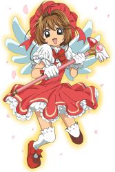 Rule 34 | 1990s (style), 1girl, brown hair, cardcaptor sakura, child, compacthuman, dress, full body, fuuin no tsue, gloves, green eyes, hat, kinomoto sakura, magical girl, pink hat, retro artstyle, rumia (compacthuman), short hair, solo, thighhighs, twintails, wand, white gloves, wings