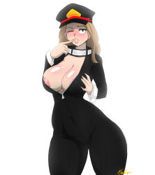 Rule 34 | 1girl, absurdres, black bodysuit, blush, bodysuit, boku no hero academia, breasts, brown eyes, brown hair, cleavage, curvy, finger to mouth, fishywishy, hat, highres, large breasts, lips, medium hair, nipples, one eye closed, parted lips, shiny skin, solo, thick thighs, thighs, unzipped, utsushimi kemii, white background, wink
