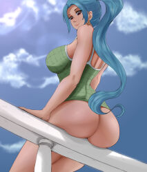 1girl absurdres arm_support ass back_cutout bare_shoulders blue_hair blue_sky bottomless breasts clothing_cutout cowboy_shot dark-skinned_female dark_skin day earrings female_focus green_tank_top highres huge_ass jewelry large_breasts long_hair looking_at_viewer looking_back nefertari_vivi no_panties one_piece parted_lips purple_eyes shishiou11 sidelocks sitting sky smile solo tank_top very_long_hair