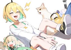 Rule 34 | 1girl, absurdres, amano pikamee, animal, black shorts, blonde hair, blush, breasts, cat, closed eyes, franz2543, green hair, green nails, hair between eyes, hairband, highres, medium breasts, multicolored hair, off-shoulder shirt, off shoulder, open mouth, own hands together, sharp teeth, shirt, shoes, short hair, shorts, simple background, socks (amano pikamee), teapot, teeth, virtual youtuber, voms, white background, white shirt