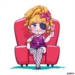 Rule 34 | 1boy, :3, animated, animated gif, arm rest, armchair, belt, black panties, black thighhighs, blinking, blonde hair, blunt bangs, bow, bracelet, brown eyes, chair, champagne flute, closed mouth, crossdressing, cup, drinking glass, earrings, eyepatch, eyeshadow, facial hair, fishnet thighhighs, fishnets, goromi, hair bow, hair ornament, hair stick, hand up, high heels, holding, holding cup, inui yamato, jewelry, majima goro, makeup, male focus, nail polish, necklace, one eye covered, panties, pink bow, pink footwear, ryuu ga gotoku (series), ryuu ga gotoku 1, ryuu ga gotoku kiwami, shoes, shoulder tattoo, sitting, solo, strapless, tattoo, thick eyebrows, thighhighs, underwear
