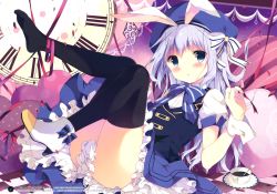Rule 34 | 1girl, absurdres, animal ears, beret, black thighhighs, blue bow, blue bowtie, blue eyes, blue hat, blush, bow, bowtie, checkered floor, cup, feet, full body, gochuumon wa usagi desu ka?, hair ornament, hairclip, hat, heart, heart-shaped pillow, high heels, highres, huge filesize, kafuu chino, legs up, long hair, looking at viewer, no panties, page number, parted lips, petals, pillow, puffy short sleeves, puffy sleeves, rabbit ears, red ribbon, ribbon, roman numeral, saucer, scan, shiratama (shiratamaco), shoes, short sleeves, silver hair, single shoe, solo, striped bow, striped bowtie, striped clothes, striped neckwear, thighhighs, vest, wrist cuffs, x hair ornament