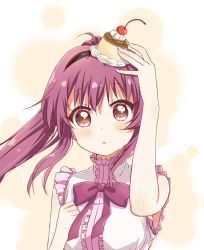 Rule 34 | 1girl, ahoge, bow, bowtie, cherry, clenched hand, female focus, food, food on head, fruit, hairband, long hair, looking at viewer, object on head, open \m/, parted lips, ponytail, pudding, purple eyes, purple hair, shikou sakugo (qqap9gt9k), sleeveless, solo, strawberry, sugiura ayano, yuru yuri