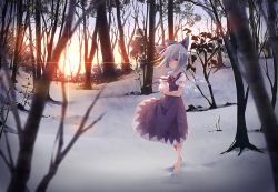 Rule 34 | 1girl, barefoot, blue eyes, blue hair, bow, cirno, dress, forest, full body, hair bow, highres, holding, ice, ice wings, matching hair/eyes, nature, neck ribbon, outdoors, ribbon, short hair, short sleeves, snow, snowman, solo, standing, sun, touhou, toutenkou, tree, wind, wings, winter
