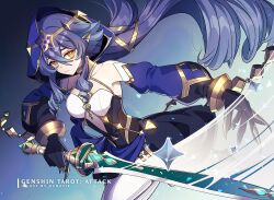 Rule 34 | 1girl, black dress, black gloves, blue hair, blue hood, blue sleeves, breasts, bright pupils, closed mouth, collarbone, detached sleeves, dress, drill hair, drill sidelocks, genshin impact, gloves, gold bracelet, hair between eyes, hair ornament, hen-tie, highres, holding, holding sword, holding weapon, layla (genshin impact), long hair, medium breasts, pointy ears, sidelocks, sleeveless, sleeveless dress, solo, sword, very long hair, weapon, white pupils, yellow eyes