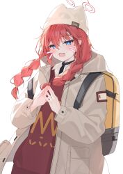Rule 34 | 1girl, absurdres, backpack, bag, beanie, blue archive, blue eyes, braid, bright pupils, coat, grey coat, hair between eyes, halo, hat, highres, long hair, looking at viewer, maki (blue archive), maki (camp) (blue archive), official alternate costume, open mouth, red hair, red halo, red sweater, shirt, simple background, solo, sweater, teeth, twin braids, upper teeth only, white background, white hat, white pupils, white shirt, xiao lin jiu