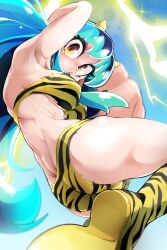 Rule 34 | 1girl, :o, absurdres, animal print, arm up, armpits, ass, bikini, bongfill, boots, breasts, commentary, covered erect nipples, electricity, electrokinesis, english commentary, green hair, highres, horns, knee boots, large breasts, long hair, looking at viewer, lum, mixed-language commentary, multicolored background, non-web source, oni, pointy ears, shiny skin, solo, swimsuit, teeth, tiger print, urusei yatsura