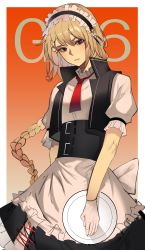 Rule 34 | 1girl, absurdres, blonde hair, blue eyes, braid, braided ponytail, character name, cizzi, closed mouth, feet out of frame, g36 (girls&#039; frontline), girls&#039; frontline, gloves, highres, holding, holding tray, long hair, looking at viewer, maid, maid headdress, necktie, red necktie, serious, simple background, solo, standing, tray, white gloves