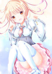 Rule 34 | 1girl, :d, blonde hair, blue shirt, blue thighhighs, blush, commentary request, hands up, layered sleeves, long hair, long sleeves, looking at viewer, necktie, no shoes, open mouth, original, pink skirt, puffy short sleeves, puffy sleeves, red eyes, red necktie, shihou haru, shirt, short necktie, short over long sleeves, short sleeves, sitting, skirt, smile, solo, thighhighs, underbust, wide sleeves