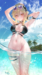 Rule 34 | 1girl, absurdres, armpits, arms up, bikini, black bikini, blonde hair, blush, breasts, cleavage, eyewear on head, female pubic hair, genshin impact, gluteal fold, hair between eyes, hair ornament, hand on own head, highres, in water, large breasts, looking at viewer, lumine (genshin impact), medium hair, navel, no panties, outdoors, parted lips, partially submerged, pottsness, pubic hair, solo, sunglasses, swimsuit, thigh gap, thigh strap, thighs, water, wet, yellow eyes