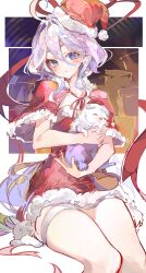 Rule 34 | 1girl, absurdres, ahoge, animal, blue eyes, capelet, cocoballking, commentary request, dress, feet out of frame, furina (genshin impact), genshin impact, highres, holding, holding animal, leisurely otter (genshin impact), red capelet, red dress, santa dress, sitting, solo, strapless, strapless dress, thighs, white hair