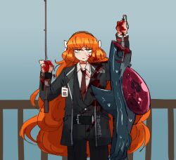 Rule 34 | 1girl, atlaszoidac, black jacket, black pants, black vest, blood, blood in hair, blood on clothes, blood on face, blood on hands, blue background, bow, brown hairband, closed mouth, collared shirt, fishing rod, freckles, green eyes, hair bow, hairband, headless ichthys, highres, holding, holding fishing rod, ishmael (project moon), jacket, jitome, limbus company, long hair, looking at viewer, necktie, orange hair, pants, project moon, railing, red necktie, shirt, sidelocks, solo, sweat, very long hair, vest, white bow, white shirt