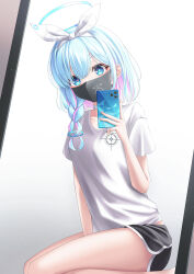 Rule 34 | 1girl, absurdres, arona (blue archive), between legs, black mask, black shorts, blue archive, blue eyes, blue hair, braid, breasts, cellphone, dolphin shorts, hair over shoulder, hair ribbon, halo, hand between legs, highres, holding, holding phone, light blue hair, looking at viewer, mask, mouth mask, open mouth, phone, ribbon, seiza, shira jun, shirt, shorts, sitting, small breasts, smartphone, smile, solo, white ribbon, white shirt