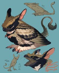 Rule 34 | animal, animal focus, beak, bird wings, black eyes, blue background, chimera, claws, commentary, creature, english commentary, feathered wings, from side, full body, fur-tipped tail, highres, jerboa, mouse (animal), multiple views, open mouth, original, oversized animal, signature, simple background, standing, stretching, tail, twitter username, whiskers, winged animal, wings, yamamura le