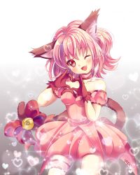 Rule 34 | 1girl, absurdres, animal ears, arm garter, bare shoulders, bell, blush, bow, breasts, cat ears, cat tail, choker, dress, fang, gloves, heart, heart hands, highres, magical girl, medium breasts, mew ichigo, momomiya ichigo, one eye closed, open mouth, pink choker, pink dress, pink eyes, pink hair, red gloves, short hair, smile, solo, tail, tail bow, tail ornament, tokyo mew mew, yupo (yupo4069)