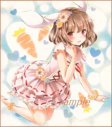 Rule 34 | 1girl, adapted costume, animal ears, anklet, bad id, bad pixiv id, barefoot, blush, border, bracelet, brown hair, carrot, colored pencil (medium), dress, eyelashes, flower, frilled skirt, frills, gradient background, hair flower, hair ornament, heart, inaba tewi, jewelry, kneeling, layered skirt, looking at viewer, marker (medium), open mouth, pink dress, potto, potto (minntochan), rabbit ears, red eyes, ribbon, sample watermark, short hair, short sleeves, skirt, solo, touhou, traditional media, watermark