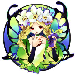 Rule 34 | 1girl, bad id, bad pixiv id, blonde hair, braid, butterfly wings, circle, fairy, flower, food, fruit, grapes, hair flower, hair ornament, head wreath, insect wings, licking, licking finger, mercedes (odin sphere), oboro keisuke, odin sphere, puff and slash sleeves, puffy sleeves, red eyes, solo, tongue, twin braids, wings