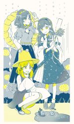 Rule 34 | 3girls, alternate color, animal, arm up, autumn leaves, bare shoulders, belt, black footwear, black ribbon, black skirt, blonde hair, blue skirt, breasts, bush, closed mouth, collared shirt, colored skin, commentary request, detached sleeves, dress, flower, frog, frog hair ornament, gohei, grass, grey dress, grey footwear, grey hair, grey shirt, grey skin, hair between eyes, hair ornament, hair ribbon, hair tubes, hairband, hand on own hip, hands up, hat, highres, kneehighs, kochiya sanae, leaf, leaf hair ornament, long hair, long sleeves, looking at another, looking down, looking to the side, medium breasts, moriya suwako, mozukuzu (manukedori), multiple girls, open mouth, puffy long sleeves, puffy short sleeves, puffy sleeves, ribbon, shirt, shoes, short hair, short sleeves, sitting, skirt, smile, snake hair ornament, socks, split mouth, standing, teeth, tongue, touhou, tress ribbon, water, water drop, white background, white legwear, white shirt, wide sleeves, yasaka kanako, yellow belt, yellow eyes, yellow flower, yellow footwear, yellow hairband, yellow headwear