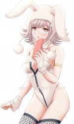 Rule 34 | 1girl, animal ears, animal hood, bare shoulders, blunt bangs, blush, breasts, cleavage, collarbone, commentary, commentary request, cowboy shot, criis-chan, danganronpa (series), danganronpa 2: goodbye despair, detached collar, english commentary, fake animal ears, fishnet thighhighs, fishnets, flipped hair, hand up, handheld game console, holding, holding handheld game console, hood, large breasts, leotard, light brown hair, looking at viewer, medium breasts, mole, mole on breast, nanami chiaki, neck ribbon, nintendo switch lite, official alternate costume, open mouth, pink eyes, playboy bunny, rabbit ears, rabbit hood, red ribbon, ribbon, simple background, sketch, solo, strapless, strapless leotard, thighhighs, white background