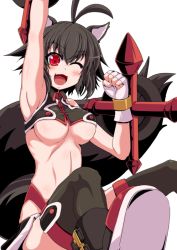 Rule 34 | 1girl, alternate color, animal ears, arc system works, armpits, bare shoulders, black hair, black thighhighs, blazblue, blazblue: continuum shift, blush, boots, breasts, fang, fingerless gloves, gloves, large breasts, makoto nanaya, miniskirt, navel, one eye closed, poncocchan, red eyes, revealing clothes, short hair, skirt, solo, squirrel ears, squirrel tail, tail, thighhighs, tonfa, underboob, weapon, white background, wink
