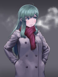 Rule 34 | 1girl, alternate costume, buttons, coat, commentary request, frown, green eyes, green hair, grey coat, hands in pockets, ishii hisao, kantai collection, long hair, long sleeves, red scarf, scarf, solo, suzuya (kancolle)