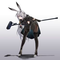 Rule 34 | 1girl, animal ears, arknights, bent over, black capelet, black gloves, black pantyhose, black shirt, black skirt, black thighhighs, breasts, capelet, closed mouth, gloves, grey eyes, grey hair, hammer, highres, holding, holding behind back, holding hammer, large breasts, legs apart, long hair, looking at viewer, pantyhose, pinstripe pattern, pinstripe skirt, rabbit ears, rabbit girl, savage (arknights), sentou kouhei kitsune, shadow, shirt, side slit, simple background, skirt, sleeveless, sleeveless shirt, smile, solo, standing, thighhighs, thighhighs over pantyhose, v-shaped eyebrows, white background