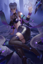 Rule 34 | 1girl, breasts, claws, cropped jacket, demon girl, earrings, evelynn (league of legends), garter straps, glowing, glowing eyes, high heels, highres, jacket, jewelry, kneehighs, league of legends, lipstick, long hair, looking at viewer, makeup, medium breasts, official alternate costume, open clothes, orange eyes, silver hair, skirt, socks, the baddest evelynn, zarory