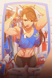 Rule 34 | 1girl, abs, adidas, adjusting hair, asymmetrical hair, bathroom, black bra, bra, bracelet, breasts, brown eyes, brown hair, bun cover, capcom, chun-li, cleavage, commentary, cowboy shot, crop top, earrings, edwin huang, english commentary, female pov, fisheye, gem, hair bun, hair down, hair ornament, hairclip, indoors, jewelry, large breasts, lips, long hair, looking at mirror, mirror, mirror image, mouth hold, muscular, muscular female, narrow waist, pants, pearl (gemstone), pearl earrings, pov, product placement, seigaiha, single hair bun, solo, standing, street fighter, thigh gap, underwear, yoga pants