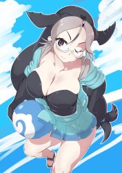 Rule 34 | 1girl, ;), bad id, bad pixiv id, black hair, blue hair, blush, breasts, california sea lion (kemono friends), cetacean tail, cleavage, day, dress, elbow gloves, fins, fish tail, frilled dress, frills, gloves, hand on own hip, highres, kemono friends, kemono friends 2, large breasts, long hair, looking at viewer, miniskirt, multicolored hair, one-piece swimsuit, one eye closed, parted bangs, short hair, short sleeves, skirt, sky, smile, solo, swimsuit, tagme, tail, two-tone hair, very long hair, zetsu (zyej5442)