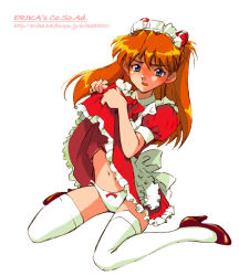 Rule 34 | 1girl, apron, blue eyes, bow, bow panties, brown footwear, clothes lift, dress, dress lift, facing viewer, frills, full body, hairpods, high heels, lifting own clothes, long hair, looking at viewer, maid, midriff, navel, neon genesis evangelion, open mouth, orange hair, panties, pmups, presenting, puffy short sleeves, puffy sleeves, red dress, red hair, self exposure, shibata masahiro, shoes, short sleeves, simple background, sitting, solo, souryuu asuka langley, thighhighs, underwear, wariza, white apron, white background, white panties, white thighhighs