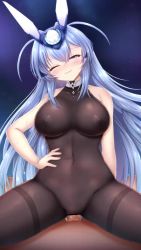 Rule 34 | 1boy, 1girl, animated, azur lane, blue eyes, blue hair, bodysuit, breasts, closed eyes, clothed sex, covered erect nipples, girl on top, hand on own hip, large breasts, live2d, lowres, mumu (mumunyan), new jersey (azur lane), nipples, one eye closed, penetration through clothes, penis, rabbit, sex, skin tight, through clothes, video, wink