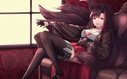 Rule 34 | 1girl, absurdres, akagi (azur lane), animal ears, asymmetrical bangs, azur lane, black gloves, black thighhighs, breasts, brown hair, cleavage, couch, feet out of frame, fox ears, fox tail, gloves, goback, hand on own stomach, highres, indoors, japanese clothes, kimono, kitsune, leaning back, long hair, long sleeves, looking at viewer, medium breasts, miniskirt, multiple tails, obi, on couch, open clothes, outstretched arm, parted lips, partially fingerless gloves, pleated skirt, red eyes, red skirt, sash, sidelocks, sitting, skirt, smile, solo, tail, thighhighs, very long hair, white kimono, wide sleeves, window, zettai ryouiki