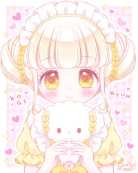 Rule 34 | 1girl, blonde hair, blush, character request, closed mouth, commentary request, double bun, hair bun, hands up, heart, heart in eye, highres, himetsuki luna, holding, looking at viewer, maid headdress, personification, plaid, plaid background, puffy short sleeves, puffy sleeves, sanrio, shirt, short sleeves, sidelocks, signature, smile, sparkle, symbol in eye, upper body, yellow eyes, yellow shirt