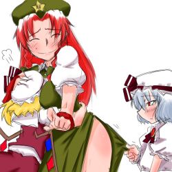 Rule 34 | 3girls, bakuya, between breasts, blush, breast smother, breasts, clothes grab, embodiment of scarlet devil, face to breasts, female focus, flandre scarlet, glomp, hand on another&#039;s head, happy, head between breasts, hong meiling, hug, multiple girls, red eyes, red hair, remilia scarlet, side ponytail, sketch, touhou