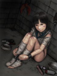 Rule 34 | 1girl, bottomless, h.s.c c-cake world, highres, injury, sitting, slave, tears, torn clothes, torture