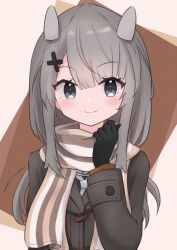Rule 34 | 1girl, black gloves, blush, brown coat, closed mouth, coat, gloves, grey eyes, grey hair, hair ornament, headgear, highres, i-201 (kancolle), kantai collection, long hair, long sleeves, looking at viewer, scarf, smile, solo, striped clothes, striped scarf, unoi, upper body, x hair ornament
