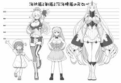 abyssal_ship breasts cleavage collar conte_di_cavour_(kancolle) dress fingerless_gloves front-tie_top full_body garter_straps gloves greyscale hair_rings hands_on_own_hips hat head_only height_chart height_difference iowa_(kancolle) kaiboukan_no._4_(kancolle) kantai_collection large_breasts layered_dress looking_at_viewer low_twintails metal_collar miniskirt monochrome navel one_eye_closed sailor_collar sailor_dress sailor_hat seaport_princess shoes skirt standing striped_clothes striped_thighhighs tenshin_amaguri_(inobeeto) thighhighs twintails two_side_up uwabaki vertical-striped_clothes vertical-striped_thighhighs waving