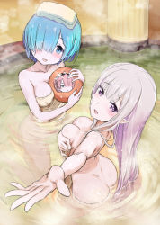 Rule 34 | 10s, 2girls, aokihoshi, ass, ball, blue eyes, blue hair, blush, breasts, butt crack, cameo, character print, cleavage, collarbone, covering breasts, covering privates, dimples of venus, emilia (re:zero), flower, foreshortening, from above, hair flower, hair ornament, hair over one eye, holding, holding ball, long hair, looking at viewer, medium breasts, multiple girls, naked towel, nude, nude cover, onsen, outstretched hand, partially submerged, pointy ears, purple eyes, ram (re:zero), re:zero kara hajimeru isekai seikatsu, rem (re:zero), short hair, silver hair, steam, towel, towel on head, wet