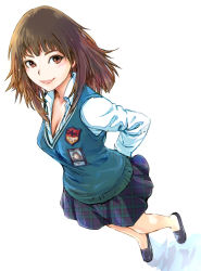 Rule 34 | 1girl, breasts, brown eyes, brown hair, carina (xiaowoo), cleavage, from above, id card, original, plaid, plaid skirt, school uniform, shoes, skirt, smile, solo, sweater vest