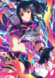 Rule 34 | 1girl, alternate hairstyle, belt, black gloves, black hair, black shirt, black shorts, breasts, brown eyes, cleavage cutout, clothing cutout, commentary, crop top, desutoroi, fingerless gloves, fire, gloves, hair ornament, hand up, highres, idolmaster, idolmaster million live!, idolmaster million live! theater days, jacket, laser, light blush, long hair, long sleeves, looking at viewer, medium breasts, midriff, navel, official alternate costume, polka dot, polka dot background, ponytail, purple background, purple belt, shirt, short shorts, shorts, sidelocks, sleeves pushed up, smile, solo, takayama sayoko, thigh strap, thighs, thunder, v-shaped eyebrows, white jacket