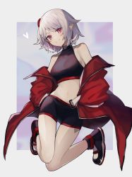 Rule 34 | 1girl, absurdres, bare shoulders, breasts, closed mouth, coat, coat partially removed, covered collarbone, crop top, flower, full body, grey hair, hair flower, hair ornament, hands on own hips, highres, looking at viewer, medium breasts, medium hair, merry-san, midriff, navel, original, pointy ears, purple eyes, shirt, shoes, short shorts, shorts, simple background, sleeveless, sleeveless shirt, smile, sneakers, socks, solo, swept bangs, thigh gap