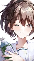 Rule 34 | 1girl, bottle, brown eyes, brown hair, commentary, highres, light smile, looking at viewer, ponytail, robotics;notes, school uniform, senomiya akiho, simple background, solo, spicaboy, white background