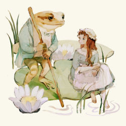 Rule 34 | 1girl, animal, apron, barefoot, blue dress, bow, bowtie, brown hair, cane, clothed animal, dress, flower, frog, hat, highres, holding, holding stick, jacket, lily pad, long hair, long sleeves, looking at another, lotus, mob cap, original, own hands together, shirt, simple background, sitting, standing, stick, tono (rt0no), white apron, white background, white shirt