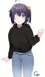 Rule 34 | 1girl, absurdres, ahoge, alternate costume, arm at side, bad id, bad pixiv id, belt, black hoodie, black sweater, blue eyes, chuunibyou demo koi ga shitai!, clenched hand, commentary request, denim, eyepatch, gunu (nyzn3223), hair between eyes, hand up, highres, hood, hood down, hooded sweater, hoodie, jeans, long sleeves, looking at viewer, one side up, open mouth, pants, short hair, signature, simple background, smile, solo, standing, sweater, sweater tucked in, takanashi rikka, teeth, white background