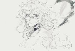 Rule 34 | 1boy, closed mouth, fate/grand order, fate (series), fuwafuwa no inu, greyscale, highres, hood, hood down, looking at viewer, male focus, medium hair, merlin (fate), monochrome, portrait, simple background, sketch, solo, wavy hair