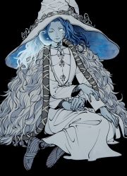 Rule 34 | 1girl, black background, blue eyes, blue hair, bracelet, cloak, colored skin, dress, elden ring, extra arms, extra faces, facial mark, full body, fur cloak, grey skin, hat, highres, jewelry, long dress, medium hair, oimo (oimkimn), one eye closed, parted bangs, ranni the witch, ring, sitting, wavy hair, white dress, wizard hat