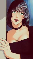 Rule 34 | 1girl, black hair, breasts, choker, cleavage, dress, fubuki (one-punch man), green eyes, highres, lipstick, looking at viewer, makeup, medium breasts, mostlybluewyatt, one-punch man, parted lips, red lips, short hair, smile, solo, twitter username