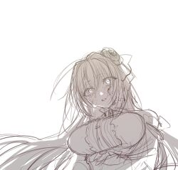 Rule 34 | 1girl, breasts, crying, dorothy (nikke), dress, frilled dress, frills, goddess of victory: nikke, hair bun, highres, large breasts, long hair, nikumanman, parted lips, simple background, single side bun, sketch, solo, white background, wide-eyed