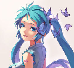 Rule 34 | 1girl, aqua eyes, aqua hair, bug, butterfly, fkey, from behind, hatsune miku, highres, insect, looking back, revision, simple background, solo, twintails, vocaloid